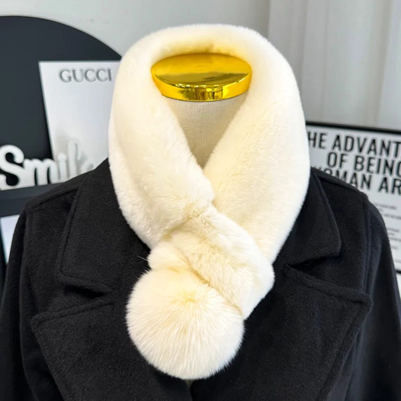 Real Rex Rabbit Fur Scarf Plush Warm Double-sided Thickened Fur Scarf With Fox Fur Ball Keep Warm In Winter Real Fur Collar