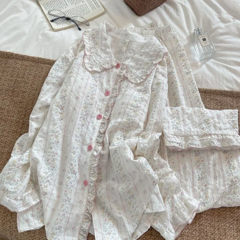 Korean Women Spring Autumn Cotton Pajama Set With Chest Pad Floral Stripe Ruffle Lapel Long Sleeve Pants Loungewear