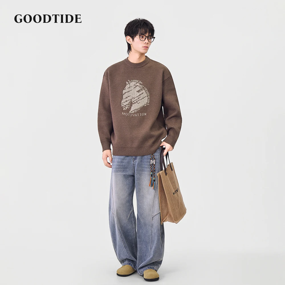 موضة الرجال عادية طاقم الرقبة سترة 2025 شتاء جديد الحصان رئيس نمط إلكتروني طباعة بلوفر مغزول لينة كم طويل #6