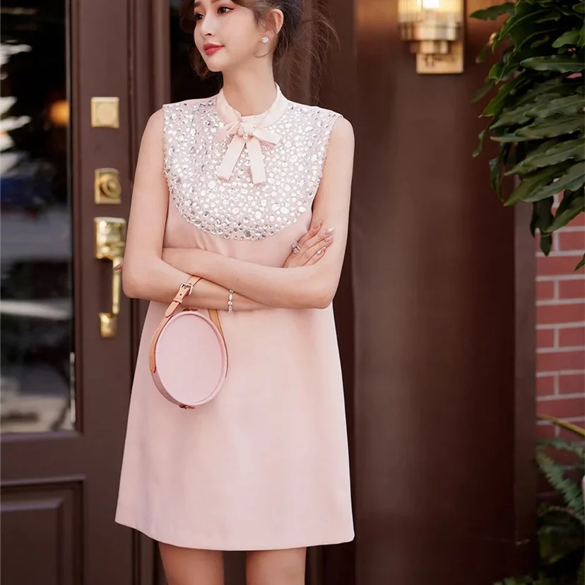 

Ele Handmade round Ne ort Sve Diamond Embellied Slimming A-Line Dr Ladylike Sle Polyester Fiber Summer Dr