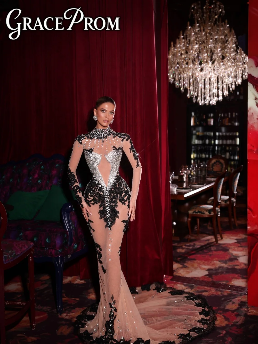 

Романтичное вечернее платье с высоким воротом 2026: Ослепительное 3D-платье-русалка с кружевом, кристаллами и бисером, изысканная аппликация, для красной дорожки