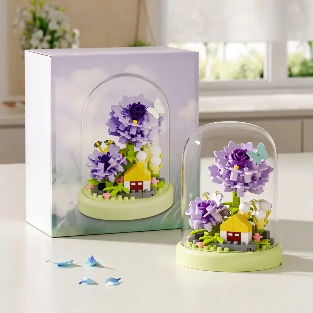 Plant Building Blocks Rose Flower Crystal Ball Model DIY Assembly Desktop Tabletop Ornament Home Decoration Handmade Stress