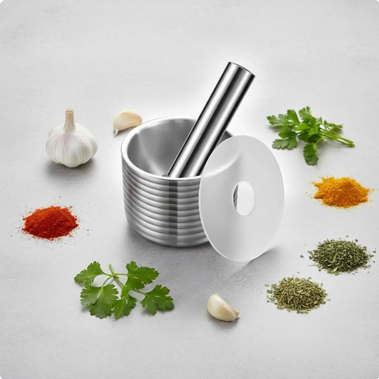 Practical Stainless Steel Mortar and Pestle Kit for Crushing Garlic Ginger Herbs Spices with Transparent Lid
