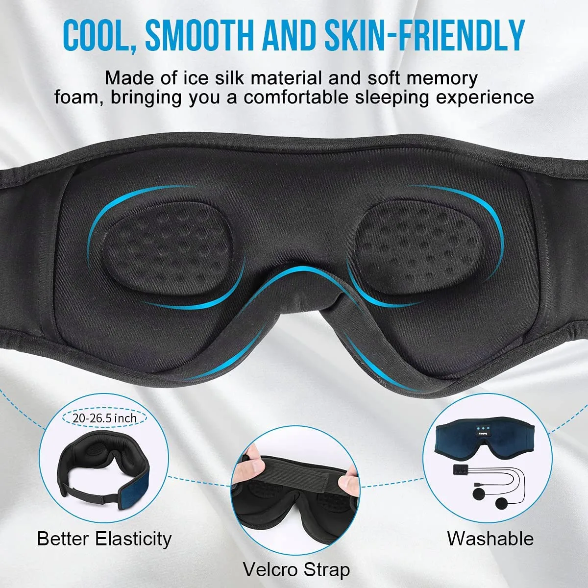 Sleep Headphones,3D Bluetooth 5.0 Sleep Mask, Washable Sleeping Headphones with Ultra Thin Stereo Speakers Microphone Hands Free