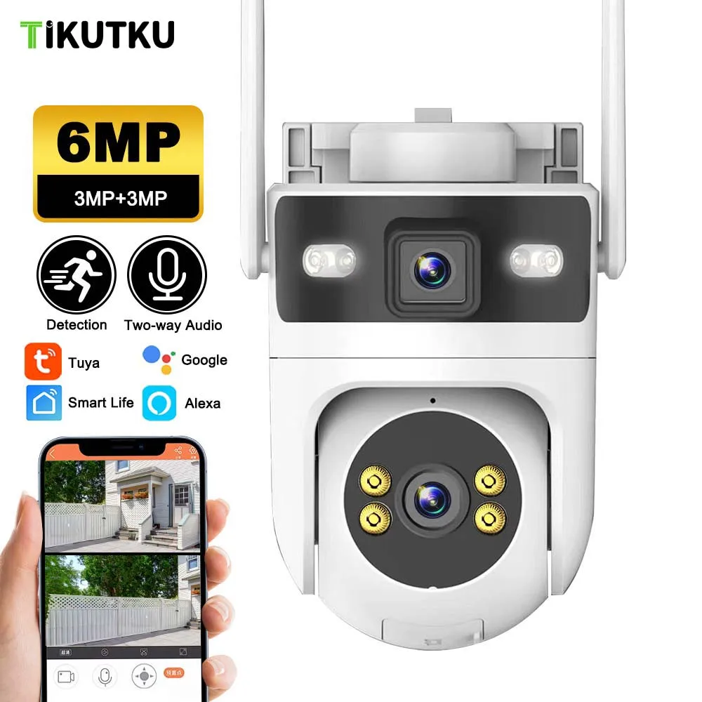 

Камера безопасности Tuya с двумя объективами, 6 МП, Wi-Fi, наружная защита, камера слежения за движением, видеонаблюдение, Google Home, Alexa Smart Life
