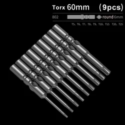 9pcs/set S2 steel Electric 802 round 6mm shank Torx screwdriver bit accessories T5 T6 T7 T8 T9 T10 T15 T20 T25 60mm length Tools