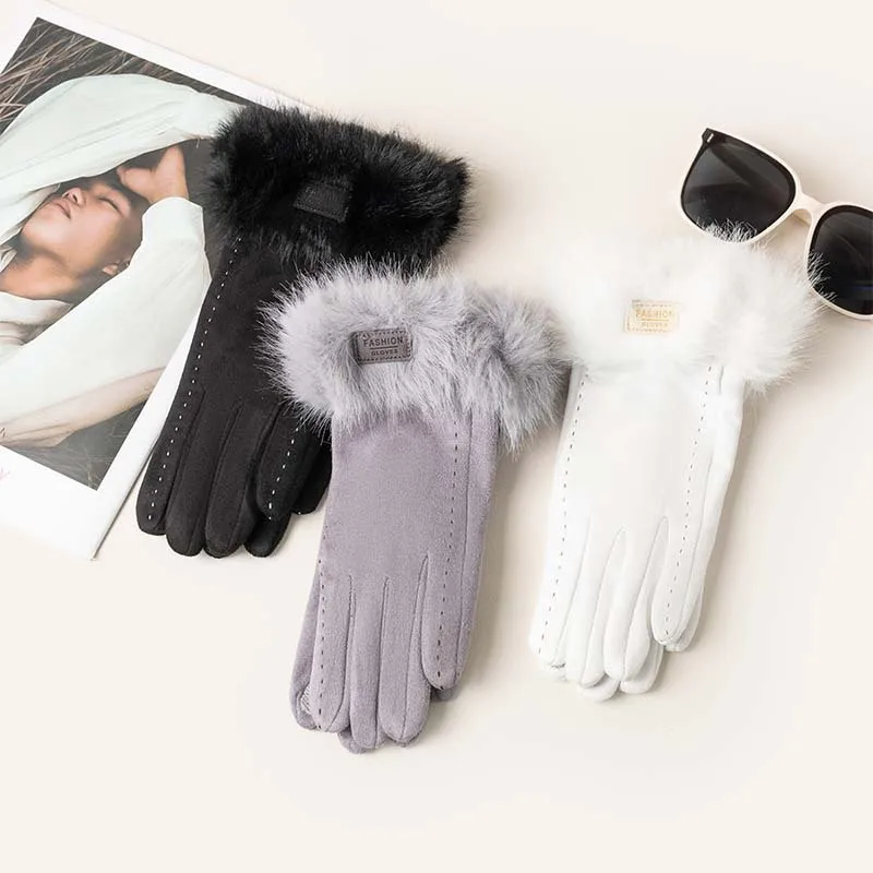 Autumn and Winter Velvet Mouth Gloves New Solid Color Simple Cloth Label Sensation Suede Velvet Thread Design Warm Gloves