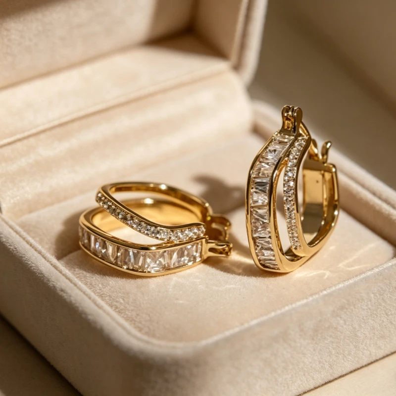 Shiny Double C-shaped Ring Inlaid Earrings Gold Mixed Rectangular Circular Geometric Earrings Suitable Women's Daily Party Dates