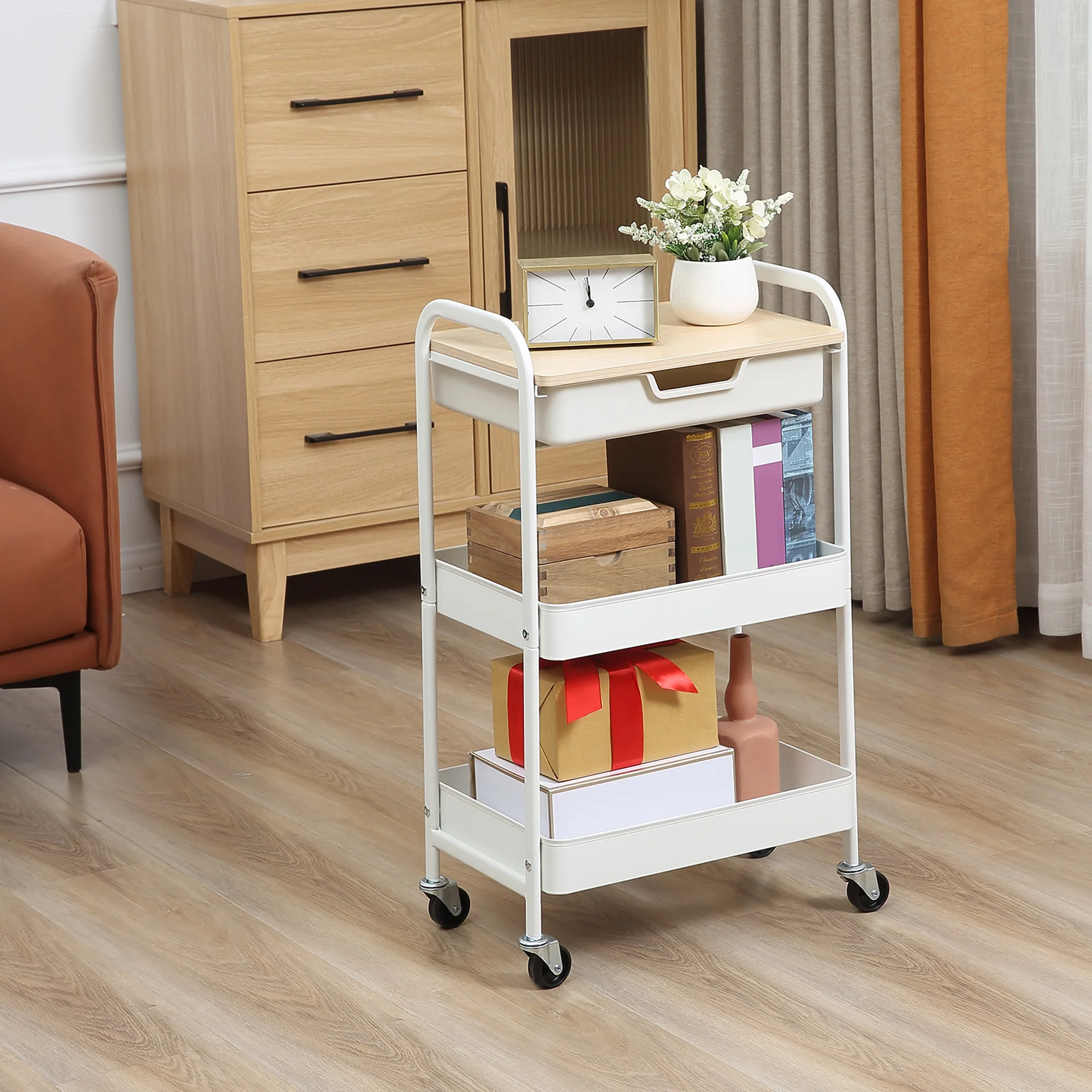 HOMCOM Carrito de Cocina con Ruedas Cajón 2 Cestas para Salón 43,9x30,5x75,6cm