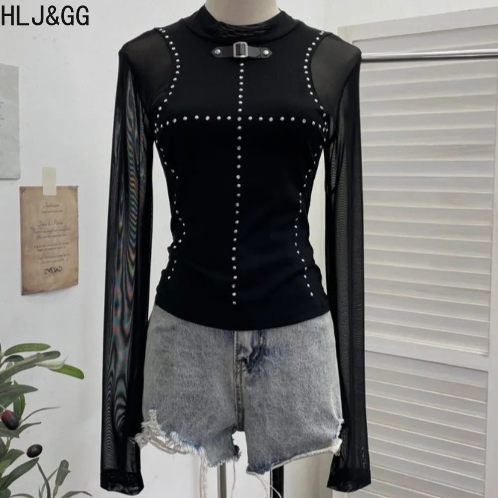 HLJ&GG Punk Gothic Sexy Mesh Rhinestone Patchwork T-shirt for Women Solid Color Long Sleeve Tshirt Female Streetwear Clothing