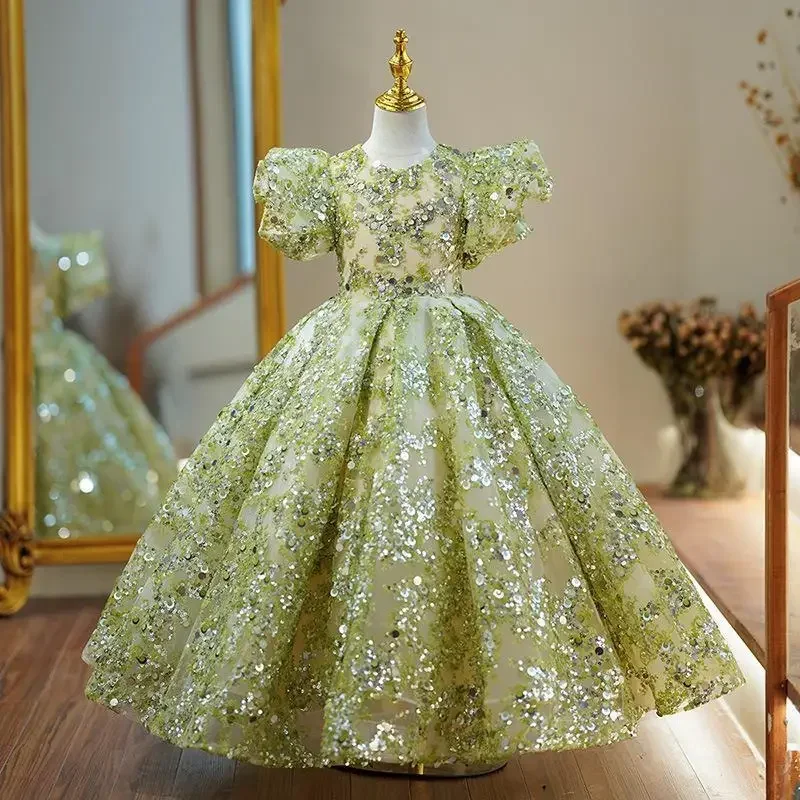 Kids Evening Gowns Elegant Girls Formal Prom Dresses Bubble Sleeve Sequins Metallic Princess Dresses New Year's Clothes