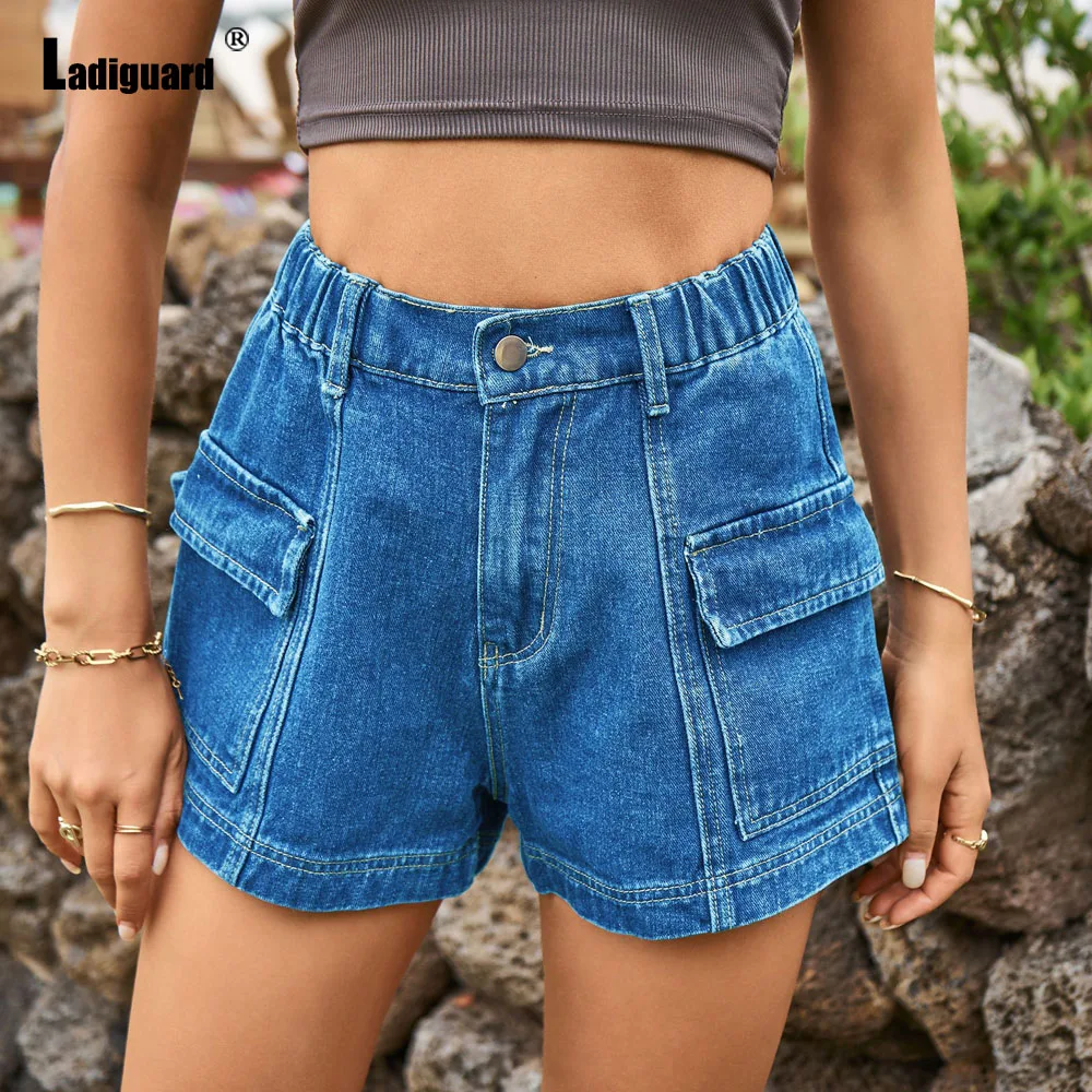 

Ladiguard Women High Waist Cargo Short Jeans 2023 European Fashion Stand Pocket denim shorts Ladies Casual Beach hotpants femme