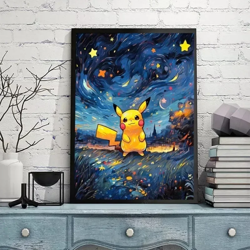 Van Gogh Sternen himmel Anime Figuren Tasche Monster Pikachu Aquarell Malerei Leinwand Poster druckt Wand kunst Bild Wohnzimmer