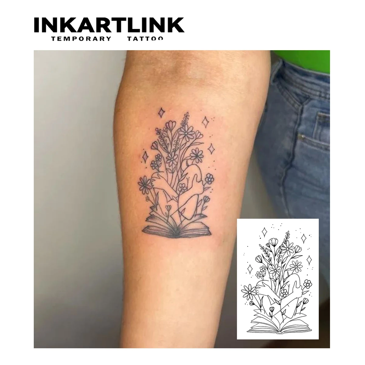 INKARTLINK Botanical Book Heart Waterproof Temp Tattoo Sticker for Beach Holidays, Book Clubs, Music Fests & Women Gift.