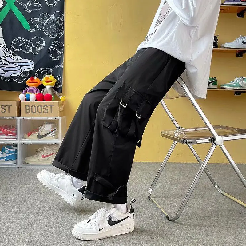 

Мужская одежда, винтажные брюки-карго, широкие брюки, однотонные, эластичные, с карманами, на шнурке, с высокой талией, весенне-осенние укороченные брюки