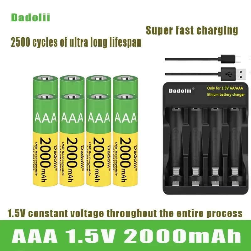 Large capacity charger, 1.5V, AAA, 2000mAh, remote rechargeable lithium-ion battery, wireless mouse+cable