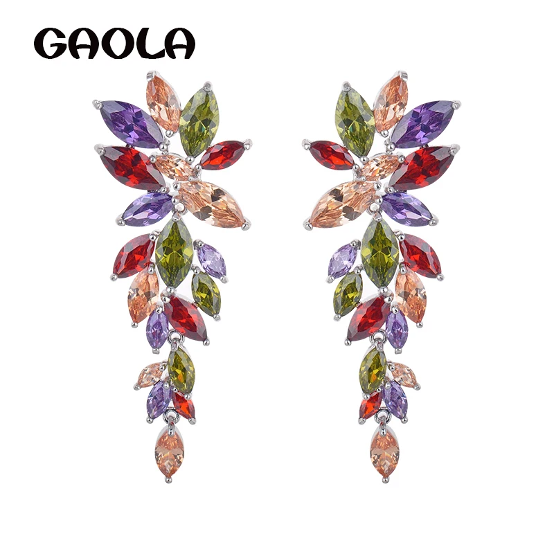 Elegant High Quality Cubic Zirconia Earrings silver Plated Leaves Dangle Earrings GLE1605