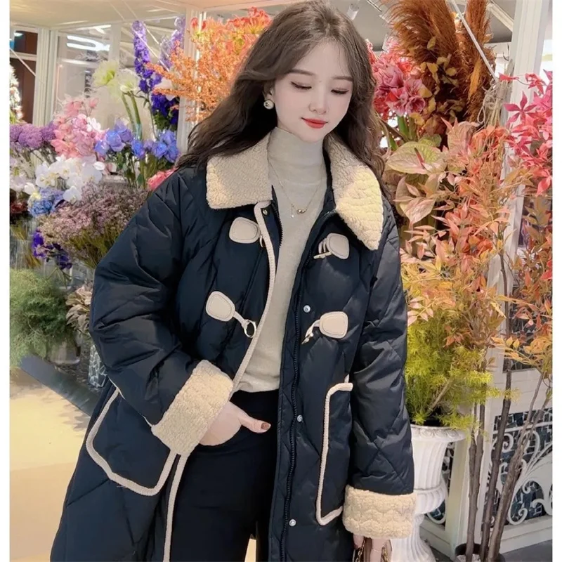 2024 Winter New Small Fragrant Wind Mid Length Cotton Coat Women Thickened Warm Slim and Versatile Polo Collar Cotton Coat Women