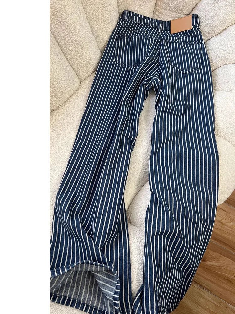 

Американские ретро-джинсы для женщин с вертикальными полосками, высокой талией, прямым кроем, широкими штанинами, утягивающие, зимние, больших размеров, джинсовые скинни