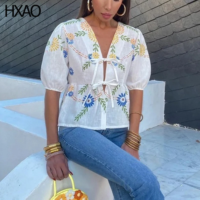 

HXAO Print Linen Shirts Women's Short Sleeve Shirt Crop Tops Stylish Women's Blouse 2024 Summer Shirt Bow Lace-Up Elegant Blouse