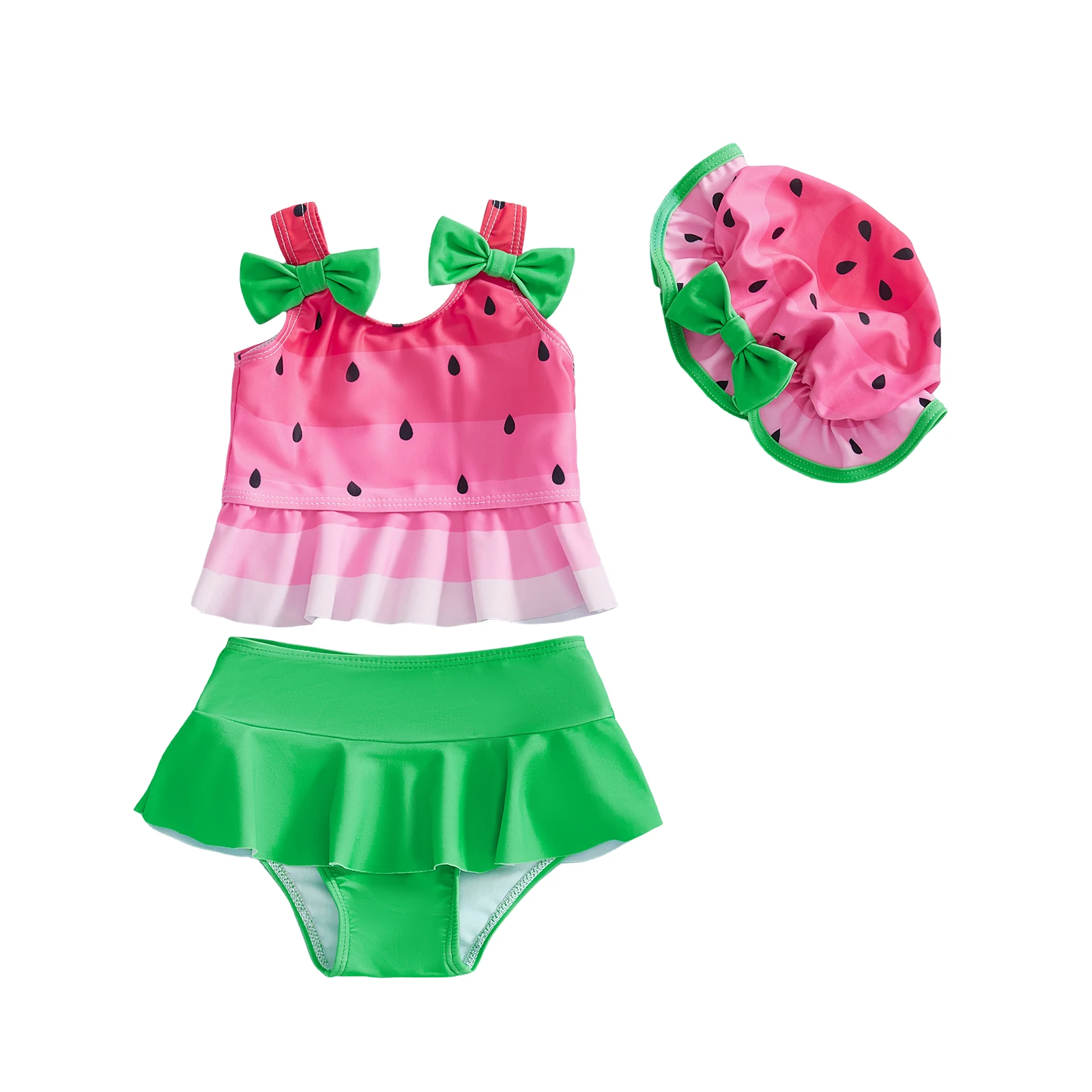 

Купальник с арбузом для маленьких девочек, милые модные топы на бретелях с рюшами и нижней шляпой, купальный костюм из 3 предметов