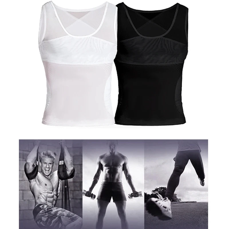 Compression Shirts for Men Slimming Undershirt Body Shaper Fitness Tank Tops Workout Sleeveless Shapewear Vest Mesh Cross Tops