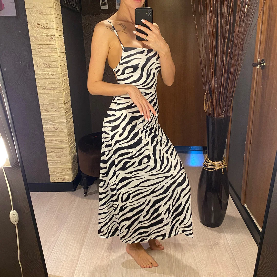 Sexy Leoparden-Zebra-Tunika mit offenem Rücken und Kreuzträgern, Strandkleid, langes Strandkleid, Strandmode, Damenmode, V5262 – Detail 5