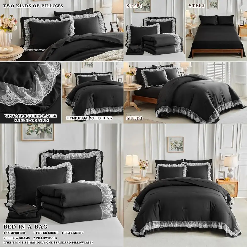 

Черный комплект одеял из 7 предметов из микрофибры с кружевом и рюшами размера «queen-size» в шикарном стиле для девочек и всех сезонов