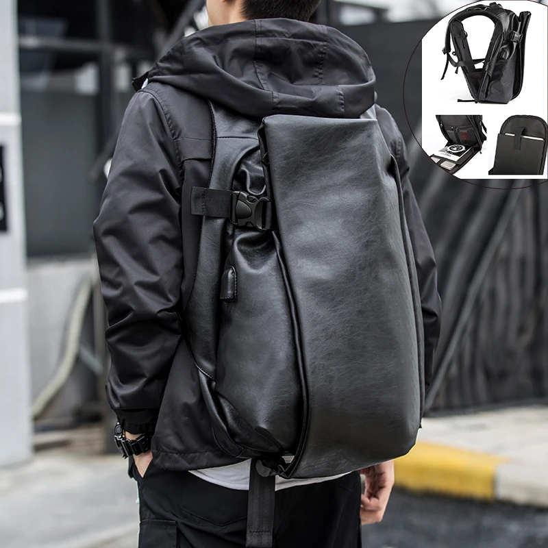 

Men's Backpack USB Charge Travel Laptop Mochilas Black 16inch Leather School Bag Male Vintage Waterproof Anti Theft Backpacks