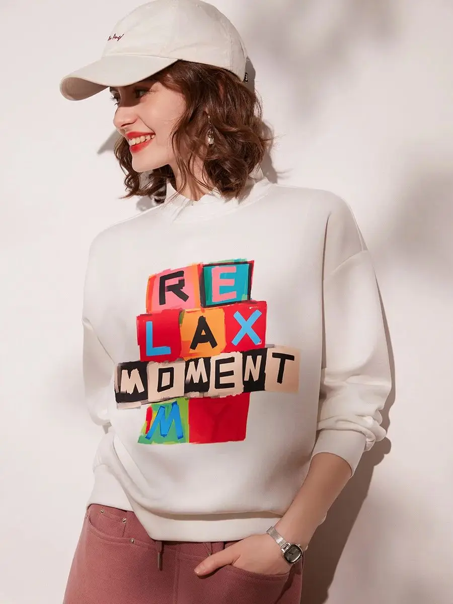 LOUIS YAO Women Sweatshirt 2024 Spring New Round Neck Long Sleeve Loose Fit Print Letter Drop Shoulder Sleeve Chic Top