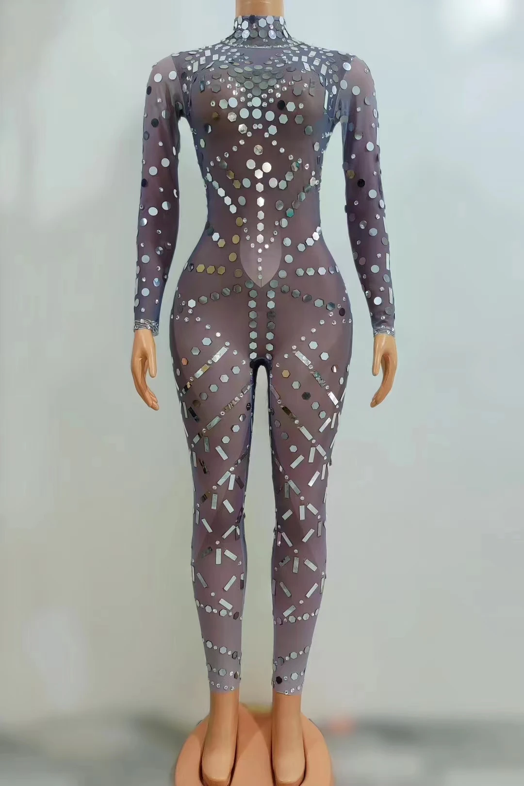 

Sparkly Silver Rhinestones Sequins JumpsuitWomen Long Sleeved Mesh Bodysuit NightclubGogo Dance Costumes Rave Outfit A440