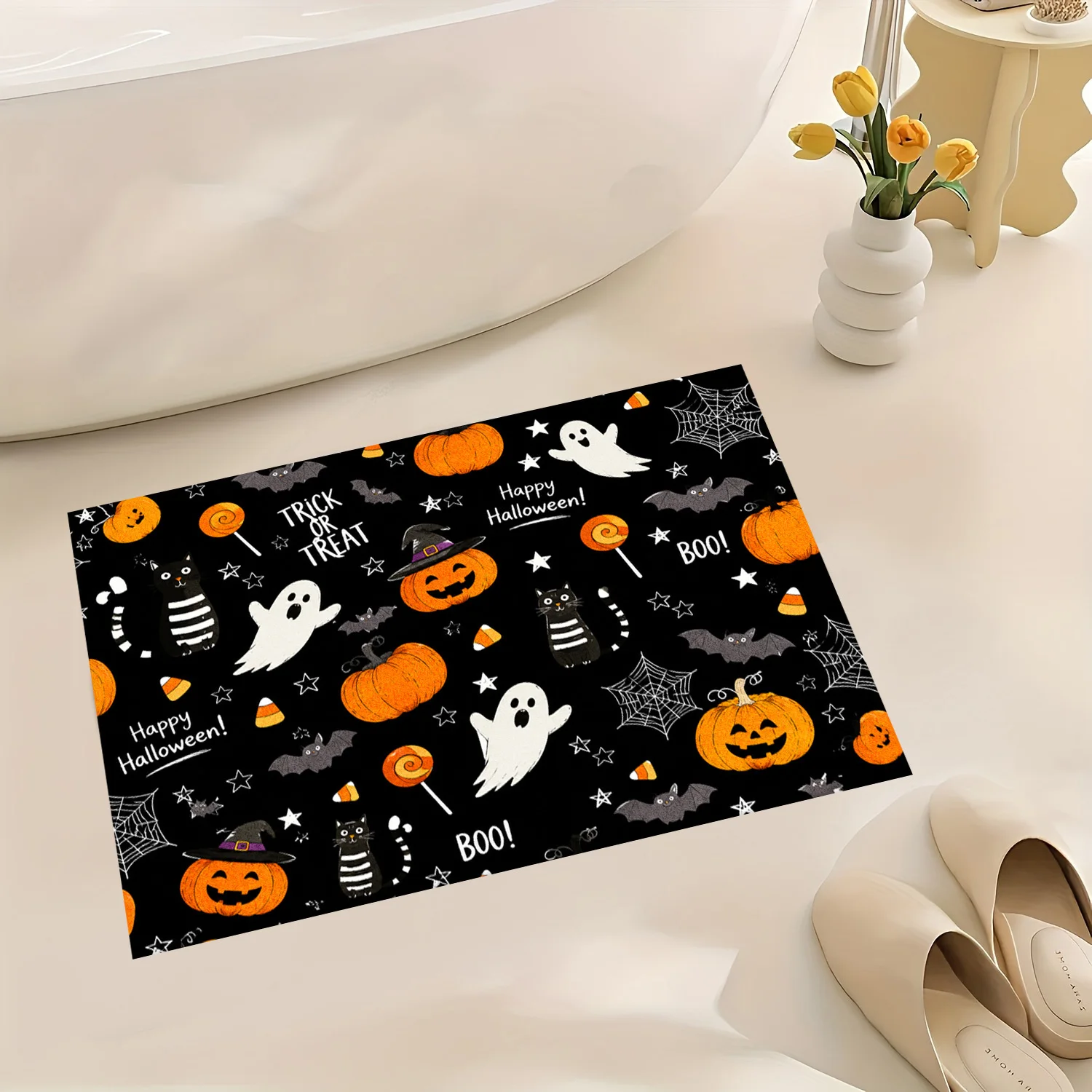 Halloween Bath Mat Cute Ghost  Black Cat Bat Rweb Print   Seasonal  Floor Mat  Interior Mat for  Home Aesthetic Decor Accessory