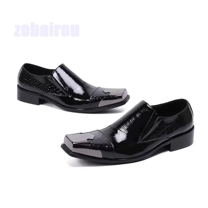 

Men's Square Toe Shallow Mouth Leather Shoes Genuine Leather British Trendy Style Slip On Business Dress Casual Shoes