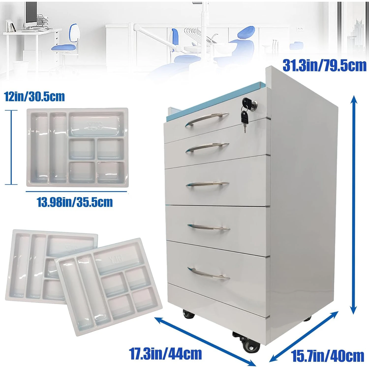ตู้เก็บของอเนกประสงค์สำหรับทันตกรรม 4 ลิ้นชัก พร้อมรถเข็นเก็บของสแตนเลสแบบเคลื่อนย้ายได้ พร้อมพาเลท 2 ใบ