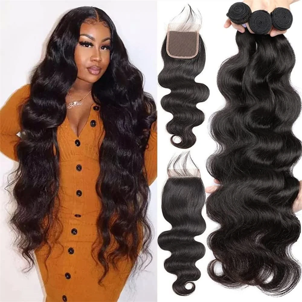 Bundles brésiliens de cheveux humains Body Wave pour femmes noires, 100% cheveux humains, fermeture 4x4, extensions de cheveux, 3 faisceaux