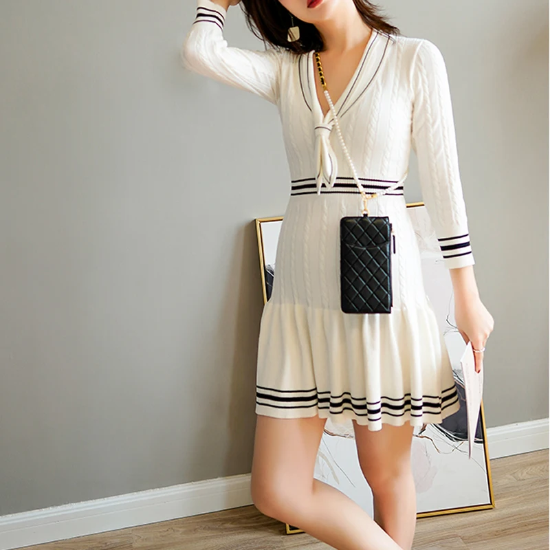 Fashion Colorblock Women Dress Long Sleeve pleated dresses