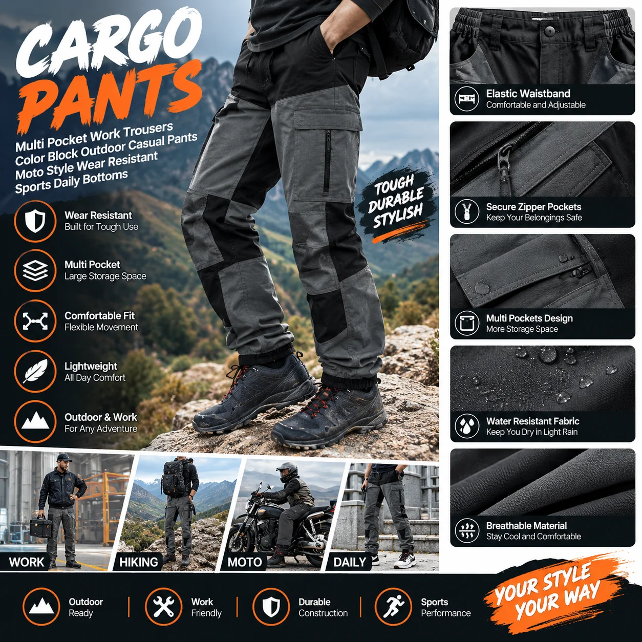 Man Cargo Pants Slim Multi Pocket Work Trousers Color Block Outdoor Casual Pants Moto Style Wear Resistant Sports Daily Bottoms