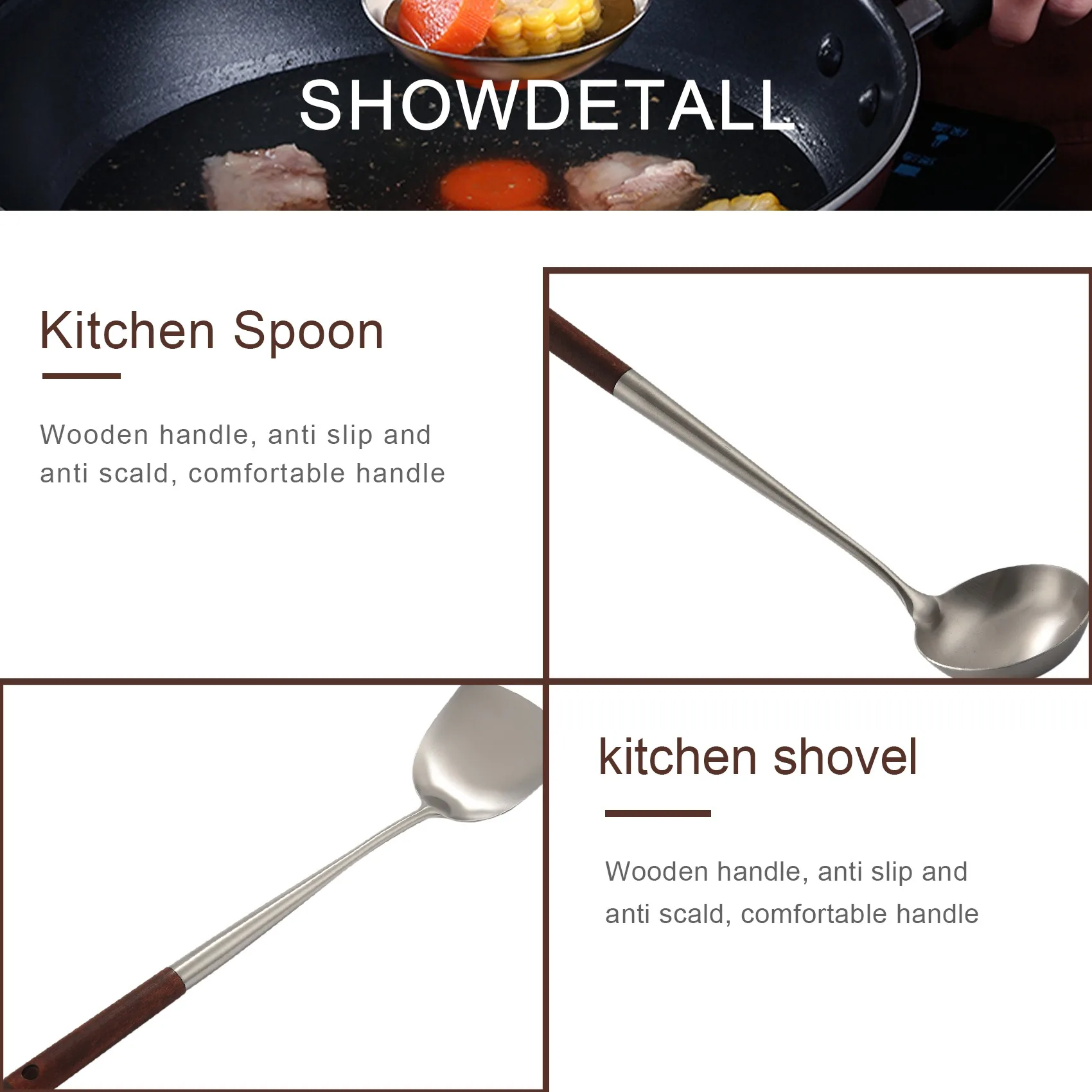 Wok Spatula and Ladle Tool Set, 17 Inches Spatula for Wok, Stainless Steel Wok Spatula