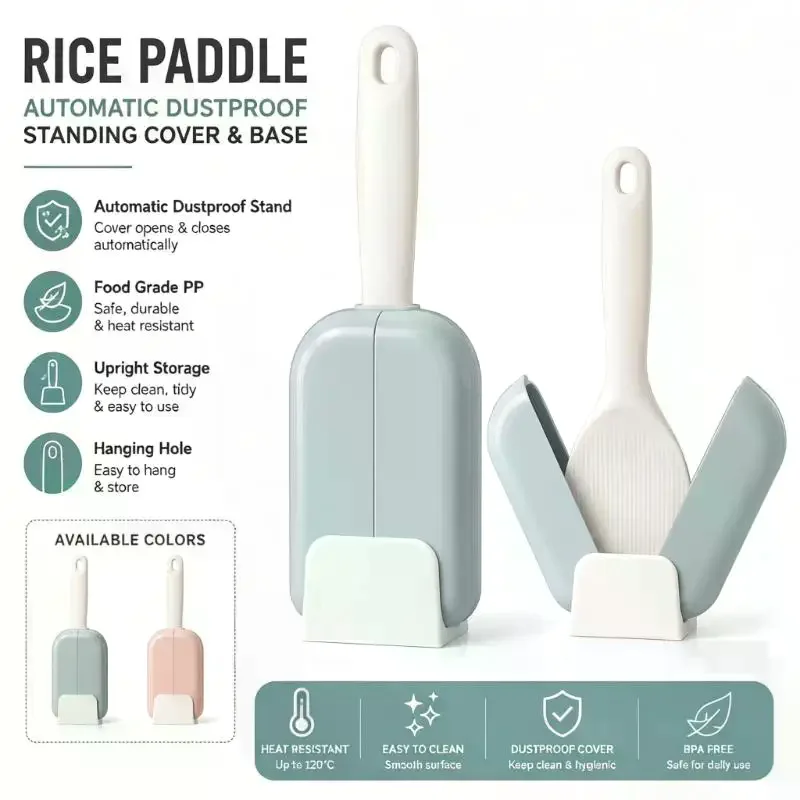 Non-stick Stand-up Rice Paddle Stand Rice Spoon Holder Automatic Opening Closing Food Grade Rice Spatula Spoon