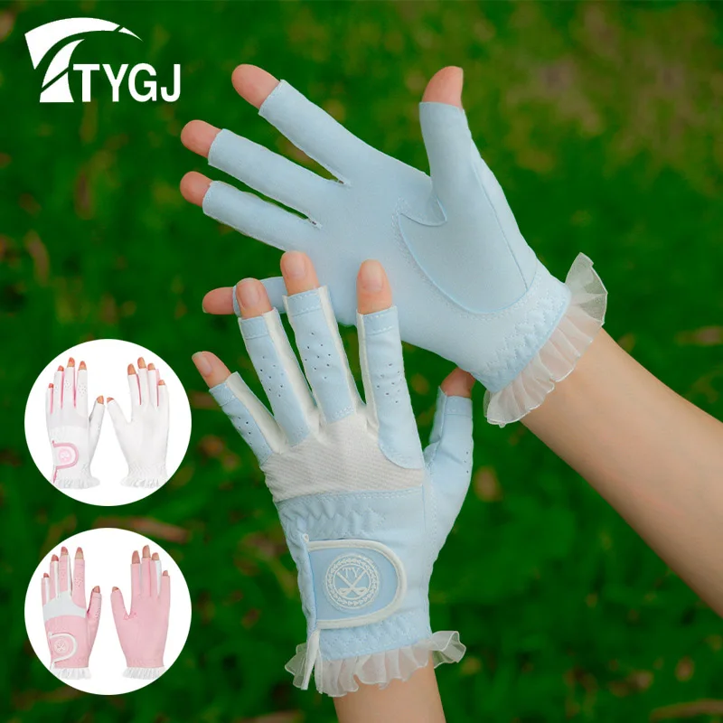 

TTYGJ 1 Pair Women Open Finger Breathable Golf Gloves Ladies Ruffle Touch Screen Sports Mittens Sunproof Golf Gloves Accessories