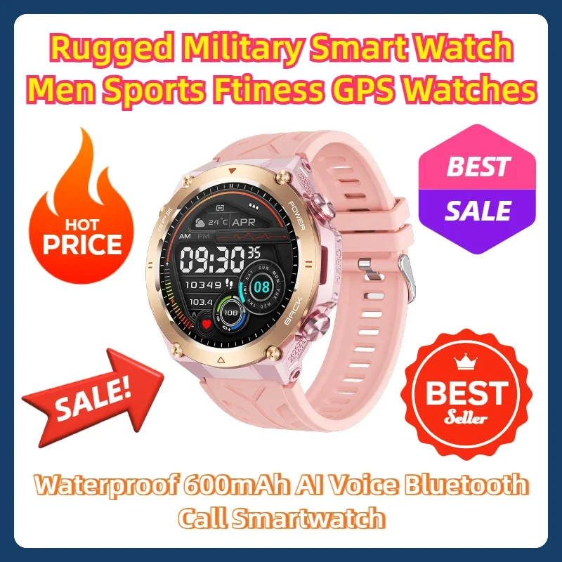 Waterproof 600mAh AI Voice Bluetooth Call Smartwatch Rugged Military Smart Watch Men Sports Ftiness GPS Watches