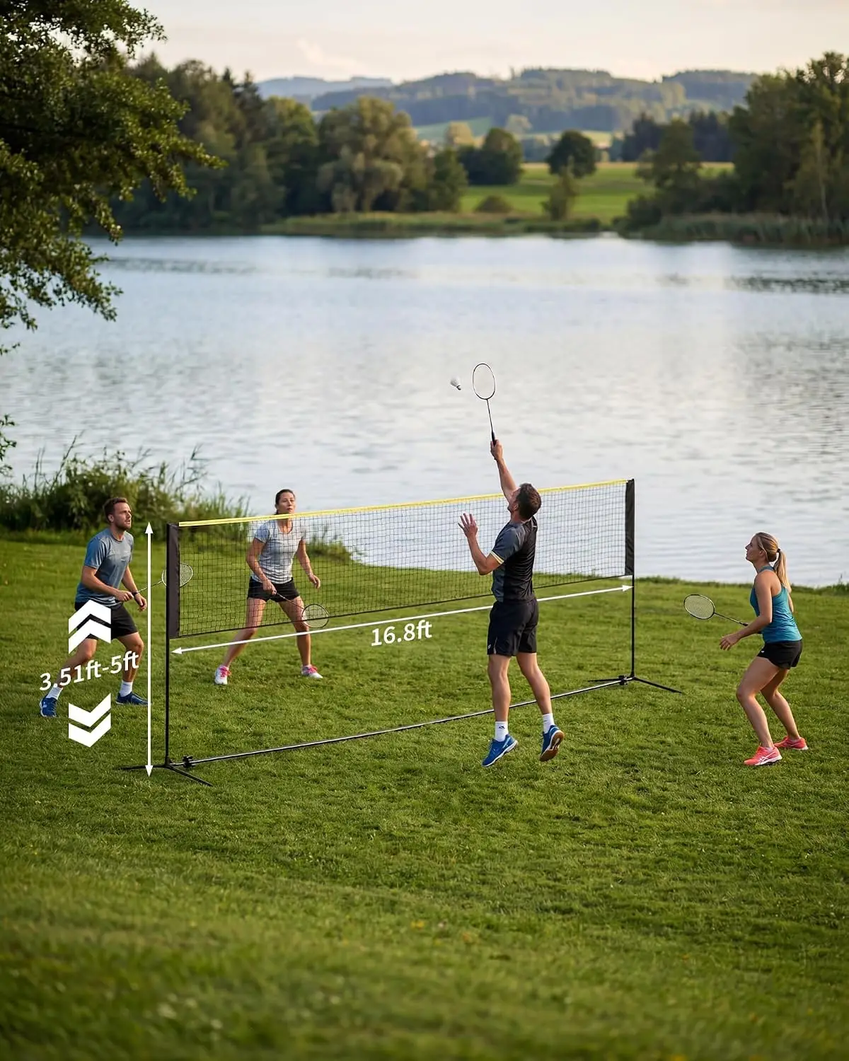 Tacleekii Badminton Net 16.8ft, Portable Set with 4 Rackets, Height Adjustable 3.5-5ft,16.8ft Court,4 Players,4 Sports In One Net,Kit + Carry Bag Included,Tool-Free Setup