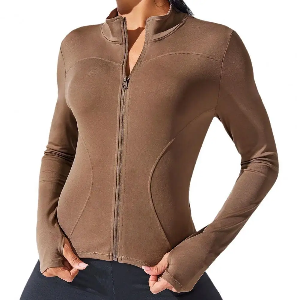 Thumb Hole Quick Dry Stand Collar Full Zipper Slim Fit Women Sport Long Sleeve Jacket Fitness Training Yoga Workout Top