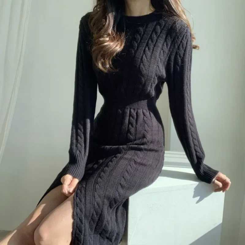 Korean chic personality versatile round neck twist pattern front and rear two wear design careful machine split sweater dress