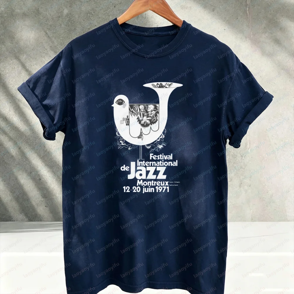 Montreux International Jazz Festival 1971 Retro Vintage Poster Graphic T‑Shirt Classic Music Bird Horn Art Cotton Casual Tee Top
