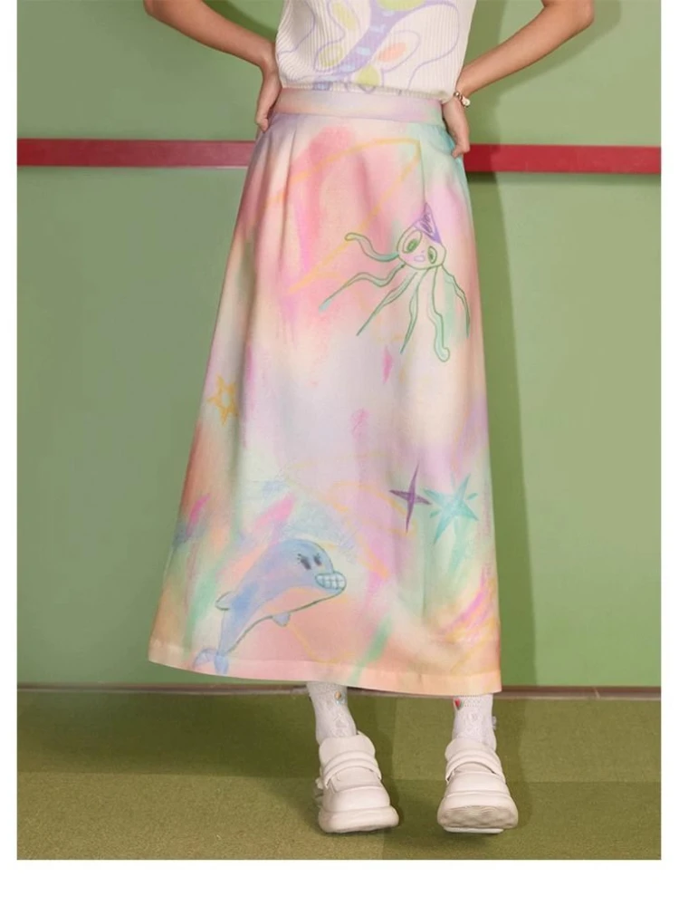 

Kimotimo Summer Skirt Women Japanese Cute Printed Elastic Waist A-line Long Skirts Fashion Y2k Aesthetic Versatile Faldas Chic