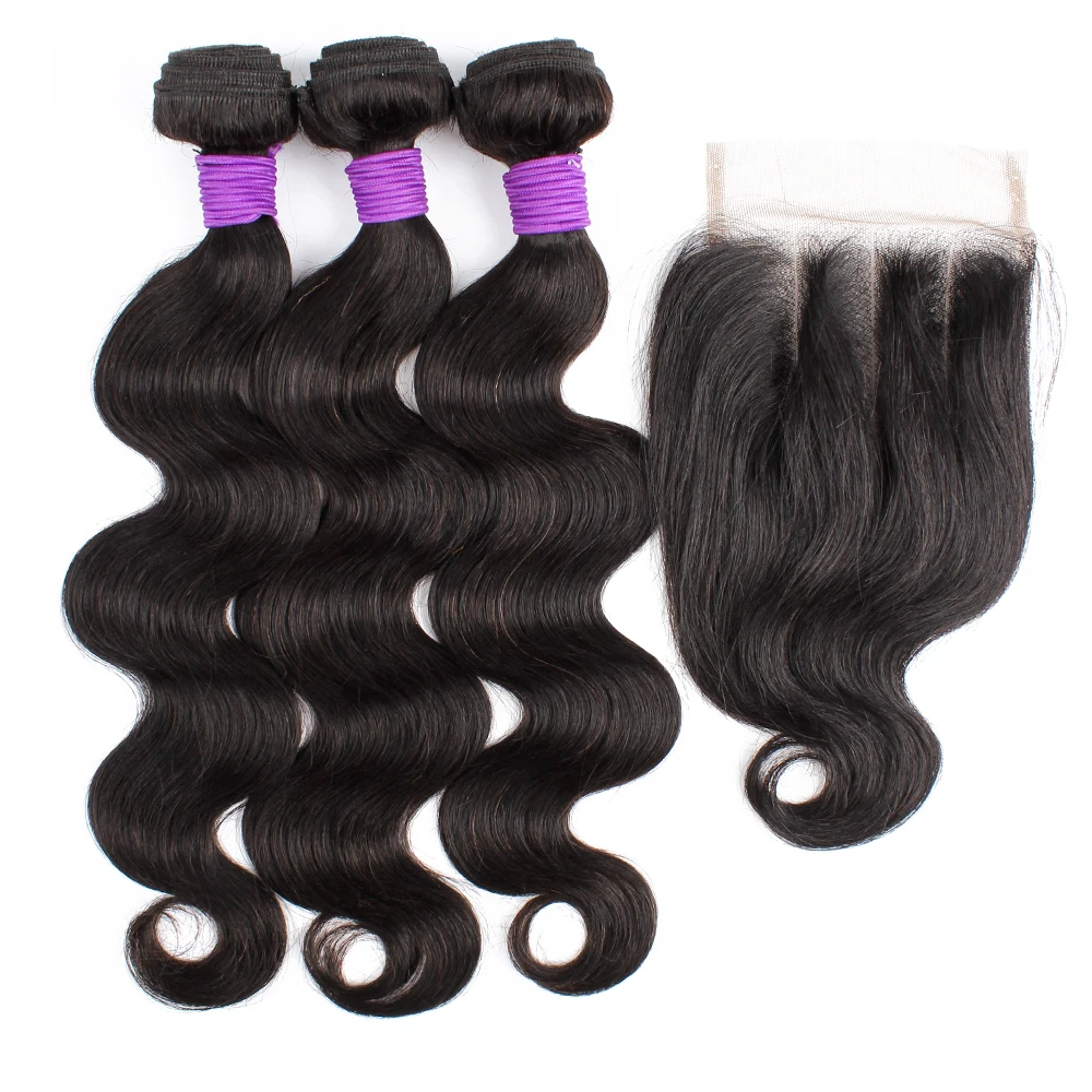 Body Wave 3 Bundles With 4x4 Lace Closure 200g/lot Natural Color Remy Indian Human Hair Extension 4*4 Swiss Lace Closures