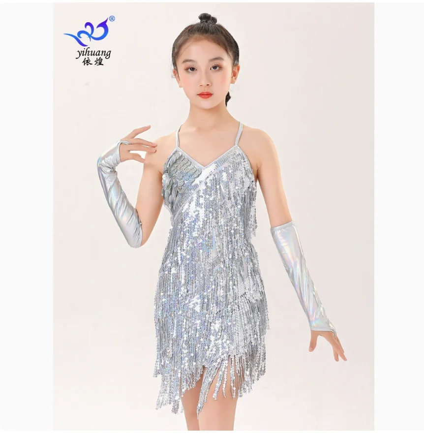 1pcs/lot sequin latin dress kid sexy halter tassel latin dress girls ballroom dancing dress 4colors