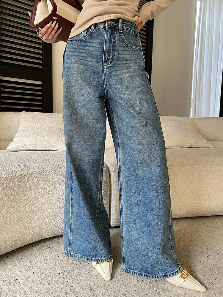 YERMORA High Waist Blue Pocket Denim Casual Wide Leg Pants For Women Loose Fit New Jeans Fashion Tide Spring Autumn 2026