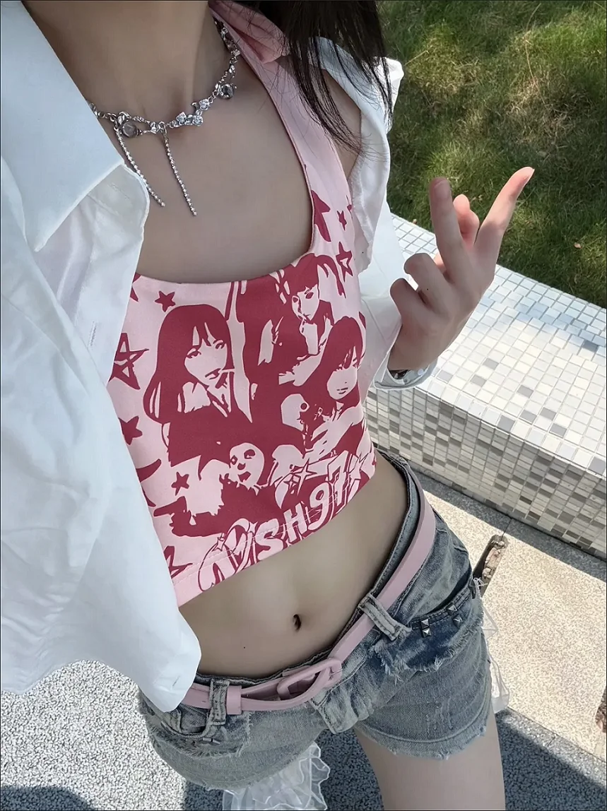 

2025 Summer Sexy Outerwear Midriff-baring Camisole Women Fashion High Street Hanging Neck Vest Sweet Spicy Girl Halter Crop Top